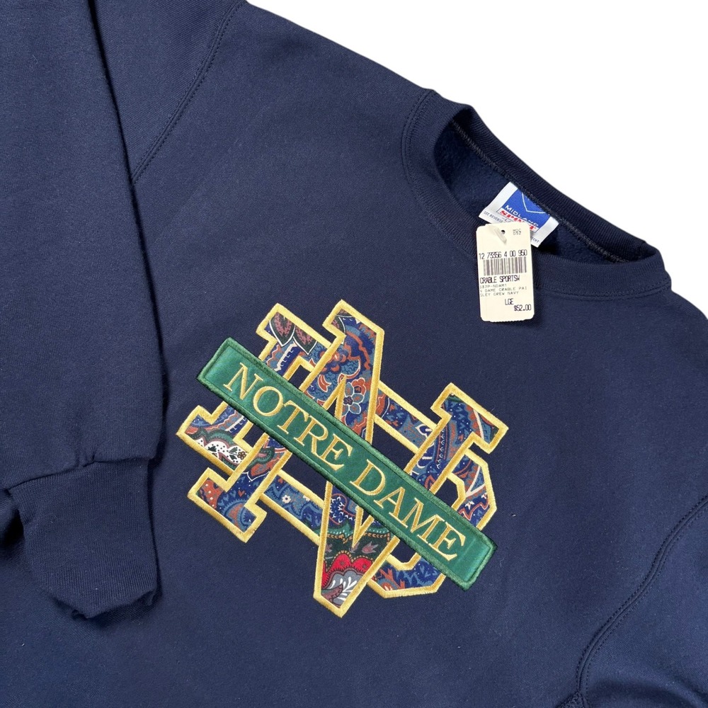 VTG Notre Dame Paisley Crewneck NWT Mens L USA Made Navy Embroidered RARE!‎ HTF